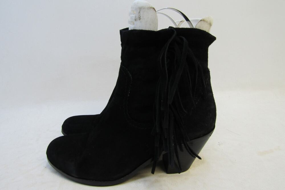 Sam Edelman Womens Size 8.5 M Black Suede Zip Fringe Ankle Fashion Boots Bootie